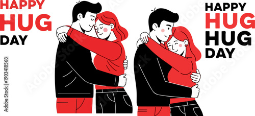 Diverse couples sharing warm affectionate embraces representing love happiness and emotional connection in minimalist graphic art style for celebrating affection.