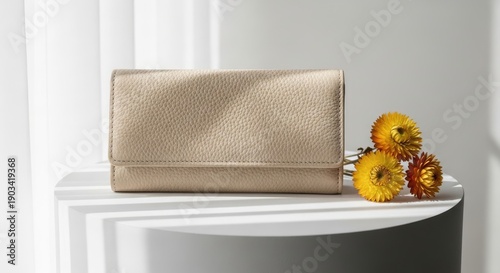 Elegant beige leather wallet with dried yellow strawflowers on a white minimalist table with shadows