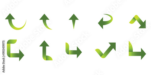 Collection of green arrow icons Vector, illustration.Green curve arrows icon. Green arrow curve direction vector. Curved arrow sign. Set of long green curve arrow icon vector.