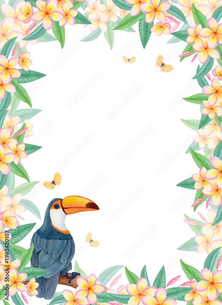 Naklejka premium Watercolor rectangular tropical frame with toucan on branch, plumeria flowers and butterflies isolated on white. Vertical floral border with exotic bird and frangipani blossoms for botanical designs.