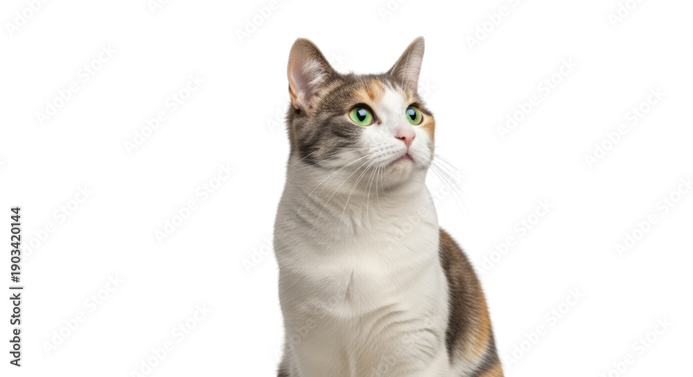 Fototapeta premium Calico cat with green eyes looking up attentively isolated on a transparent background