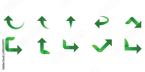 Collection of green arrow icons Vector, illustration.Green curve arrows icon. Green arrow curve direction vector. Curved arrow sign. Set of long green curve arrow icon vector.