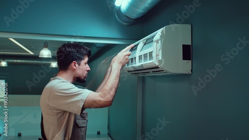 Worker installs air conditioning unit on the wall inside a modern office building