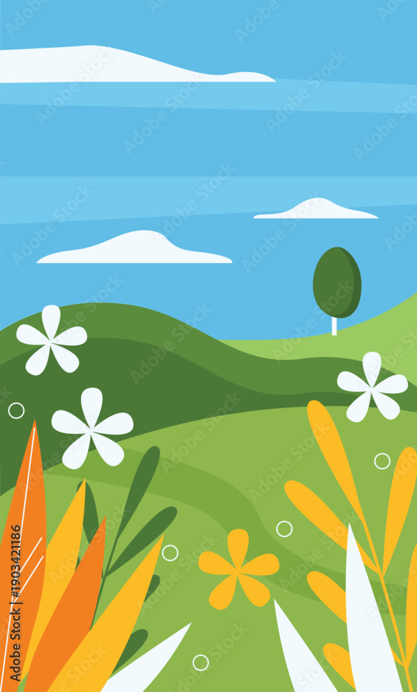 Fototapeta premium Abstract floral landscape with wild summer flowers and grass in meadow, tree on round hill vector illustration
