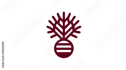 A maroon stylized icon with a tree-like design on a white background