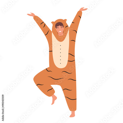 Happy young man in tiger onesie costume for carnival dancing, guy on pajama party vector illustration