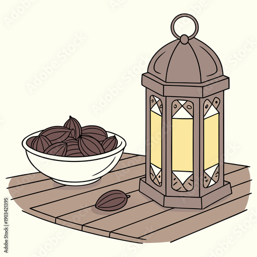 A decorative lantern casts a gentle yellow glow beside a bowl of dates on a wooden table, evoking warmth, hospitality, and festive gathering moments.