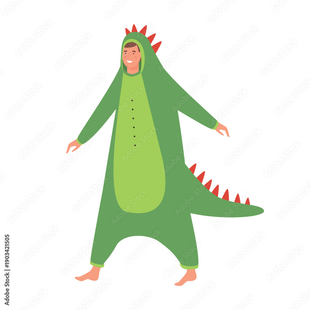 Fototapeta premium Young man in cute green dinosaur costume with tail, boy in kingurumi at pajama party vector illustration
