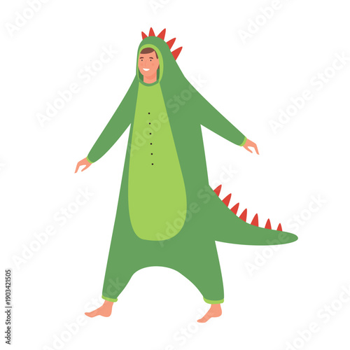 Young man in cute green dinosaur costume with tail, boy in kingurumi at pajama party vector illustration
