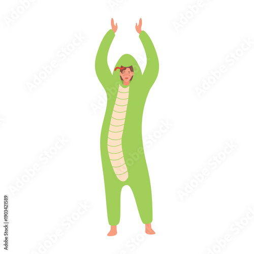 Funny girl in snake onesie costume on pajama party or sleepover vector illustration