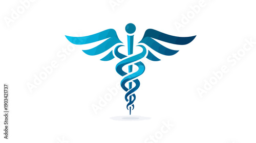 A stylized medical symbol, featuring a rod with entwined snakes and wings, in shades of blue