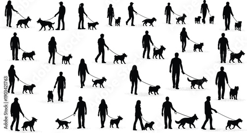 Dog walking silhouettes set, people walking dogs on leash poses collection for pets, daily lifestyle, outdoor activity, training, park scenes, black vector illustration