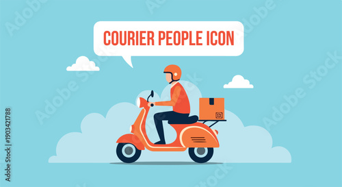 Delivery person riding orange scooter with box
