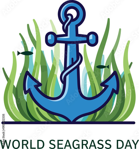 World Seagrass Day vector illustration with a blue nautical anchor and green underwater sea grass meadows, marine conservation and ocean ecosystem protection concept for environmental awareness.