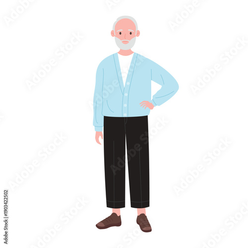 Old man with beard standing, portrait of grandfather in casual clothes vector illustration