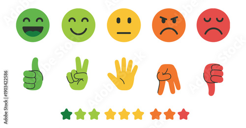 Vector Rating System set with colorful emojis, thumbs-up gestures, and star icons, representing customer feedback, service quality, satisfaction survey, and review ratings.