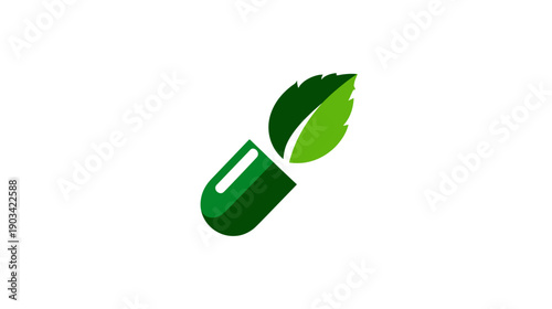 A simple, minimalist logo with a green capsule and leaves, on a white background