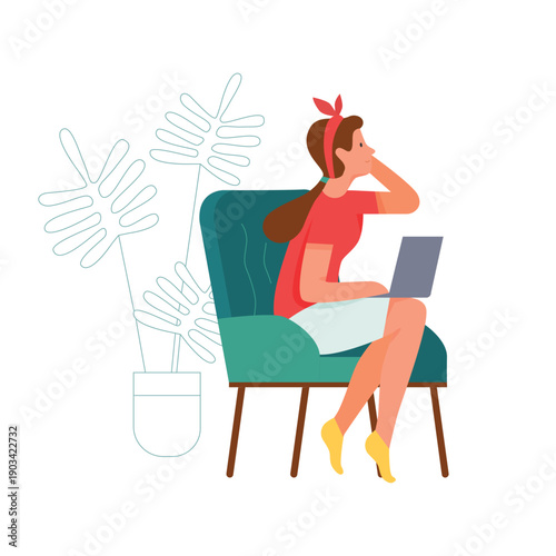Young woman sitting with laptop in chair, working online from home vector illustration