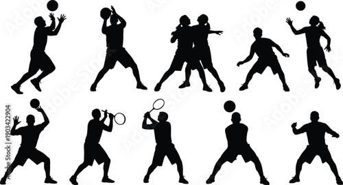 Sports player silhouettes set, dynamic team and individual athletes catching, throwing, striking ball poses for training, competition, fitness, black vector illustration