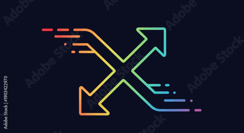 Dynamic rainbow gradient X-shaped arrow icon symbolizing connection, data flow, and exchange concept