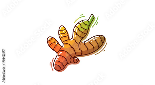 Vibrant cartoon ginger root illustration with fresh green stem on white background, perfect for