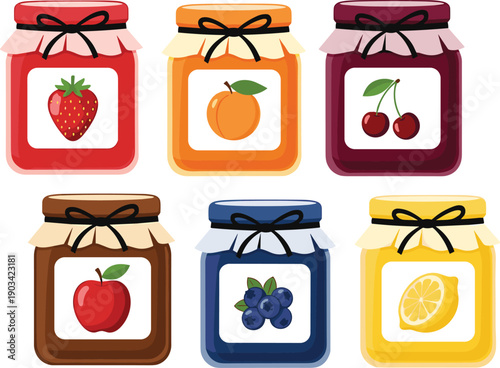 Cute fruit jam jars illustration set featuring strawberry, orange, cherry, apple, blueberry, and lemon preserves in flat vector style