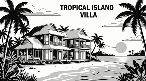 tropical island beachfront villa architecture building featuring luxury residential property real estate design and open exterior construction in coastal landscape for exclusive housing investment