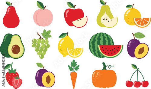 Colorful fruits and vegetables illustration set featuring fresh produce icons for healthy food, nutrition, and cooking concepts