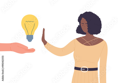 Girls rejection of bad idea, hand holding light bulb to offer vector illustration