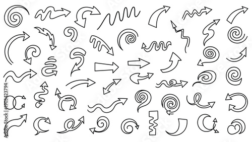 Comprehensive collection of hand-drawn black ink arrows and spiral shapes in various styles on a white background.