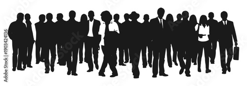 Diverse crowd of professional people silhouettes walking large group of men and women in business casual and formal attire isolated on white