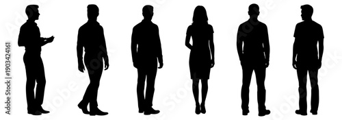Professional people silhouettes set with men and women in business casual outfits full body poses isolated on white background