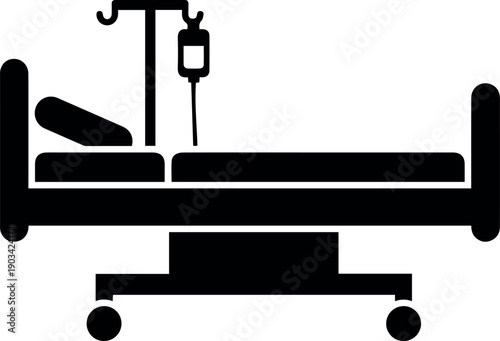 Hospital bed icon with iv pole and wheels on white background