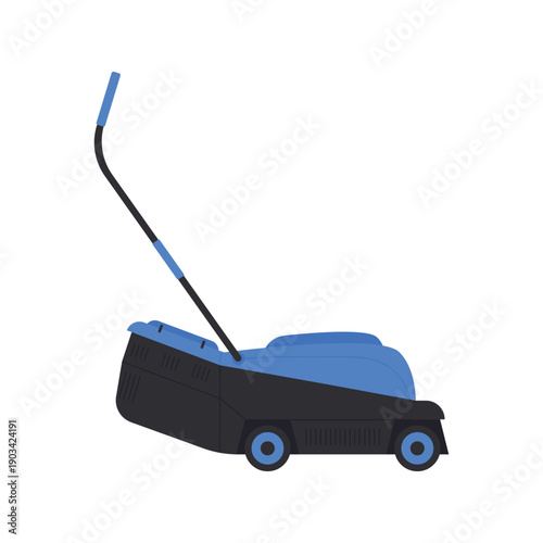Lawnmower for cutting grass on lawn with blue body, wheels and handle vector illustration