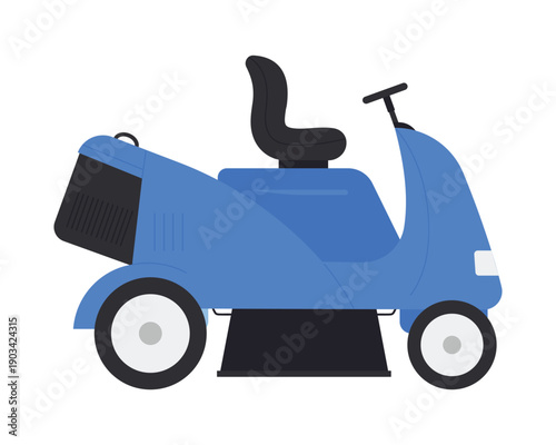 Tractor lawnmower, blue machine to ride, care and cut lawn grass vector illustration