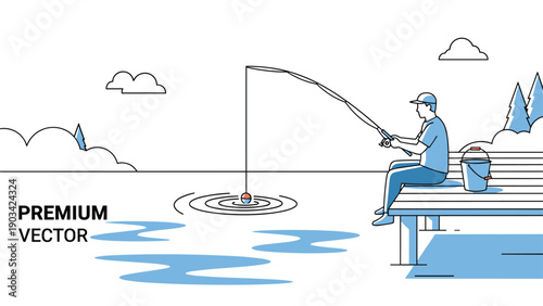 Simple line art illustration of a fisherman sitting on a wooden dock at a calm lake with trees and clouds in background.