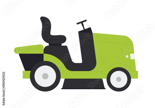 Tractor lawnmower, green vehicle for gardening and cutting lawn grass vector illustration