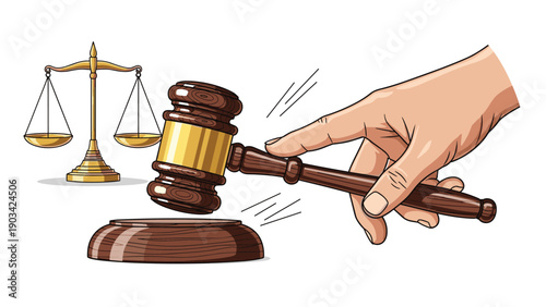Hand of a judge striking a wooden gavel on a sound block with the scales of justice blurred in the white background.