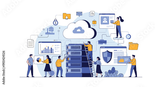 Diverse team of professionals managing cloud data servers and digital security systems in a modern flat illustration style.