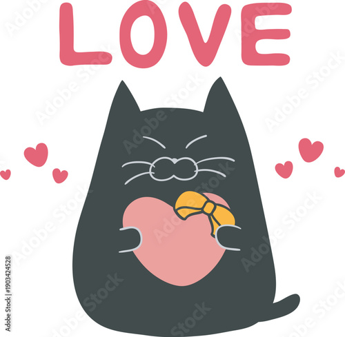 ハートと黒猫のイラスト「LOVE」
