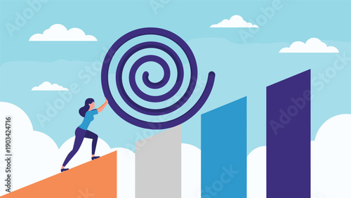 Determined woman pushing a large purple spiral coil up a series of rising colorful bar graphs representing effort and progress.