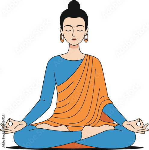 buddah monk in meditative yoga pose with serene expression wearing blue outfit and orange drape symbolizing mindfulness and inner peace