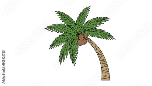 Single palm tree with long green fronds and a cluster of coconuts growing on its trunk against a simple white background for summer.
