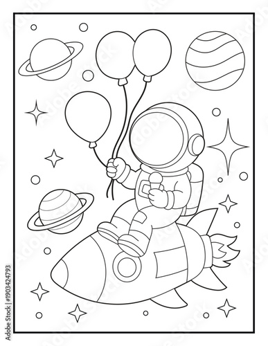 Wallpaper Mural Astronaut on Rocket with Balloons Vector Line Art Coloring page for Kids and Adults. Isolated Black and White Outline for Children’s Space Adventure Activity Books. Torontodigital.ca
