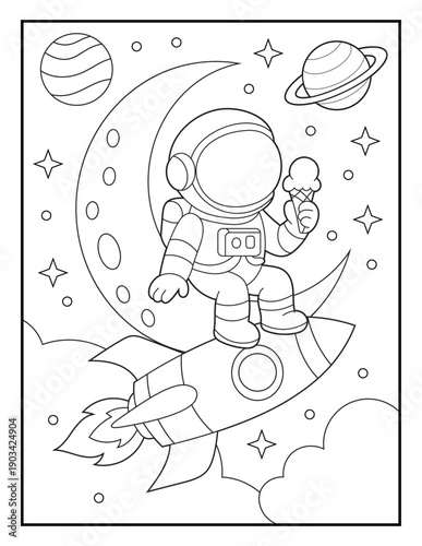 Wallpaper Mural Astronaut Riding a Rocket in Space Coloring Page for Kids and Adults. Isolated Black and White Outline for Children's  Space Activity Books. Torontodigital.ca