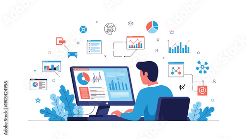 Business professional working on a computer surrounded by various floating icons representing data analytics and web marketing.