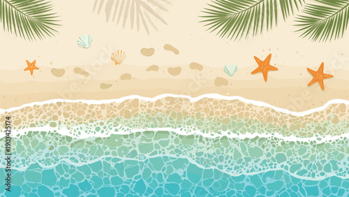 Serene top-down view of a tropical beach with turquoise waves washing over the sand with palm leaves and seashells.