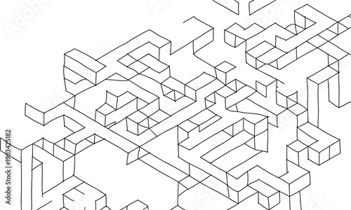 Abstract isometric geometric line art illustration with complex architectural maze structure, blueprint style design, modern minimal vector background for technology