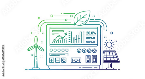 Green energy technology dashboard with wind turbine and solar panel showcasing sustainable power
