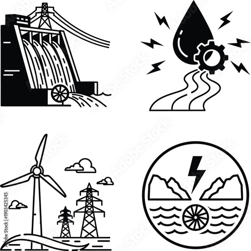 Detailed vector illustration of a modern hydroelectric power plant dam generating clean renewable energy from flowing water in a natural landscape.